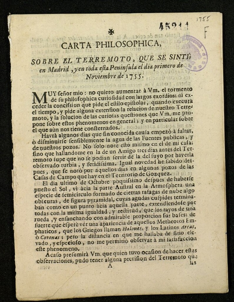 Miniatura de Carta philosophica. Sobre el terremoto, que se sintió en Madrid, y en toda esta península el dia primero de noviembre de 1755