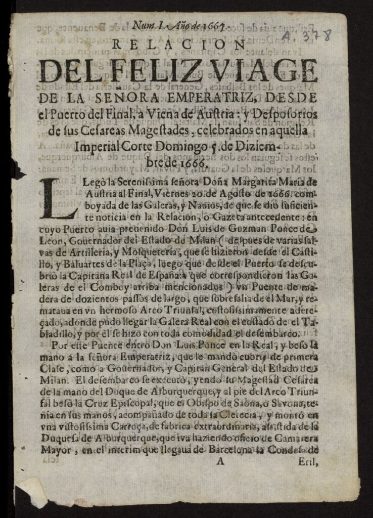 Miniatura de Relacion del feliz viage de la señora Emperatriz, desde el Puerto del Final, a Viena de Austria y Desposorios de sus Cesareas Magestades, celebradas en aquella Imperial Corte Domingo 9 de Diziembre de 1666