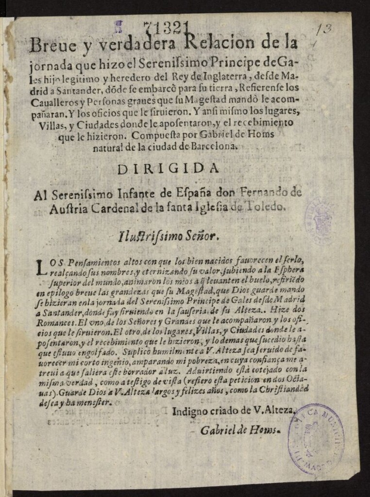 Miniatura de Breve y verdadera Relacion de la jornada que hizo el Serenissimo Principe de Gales hijo legitimo y heredero del Rey de Inglaterra, desde Madrid a Santander, dònde se embarcò ....