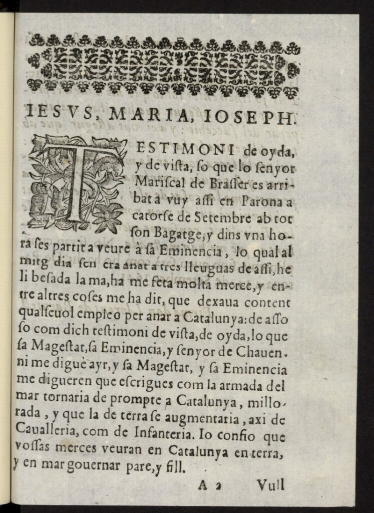 Miniatura de Relacio verdadera y resposta verdaderament consolatoria, del Rey Christianissim nostre senyor ... seta al Magnisisch don Llorens de Barutell