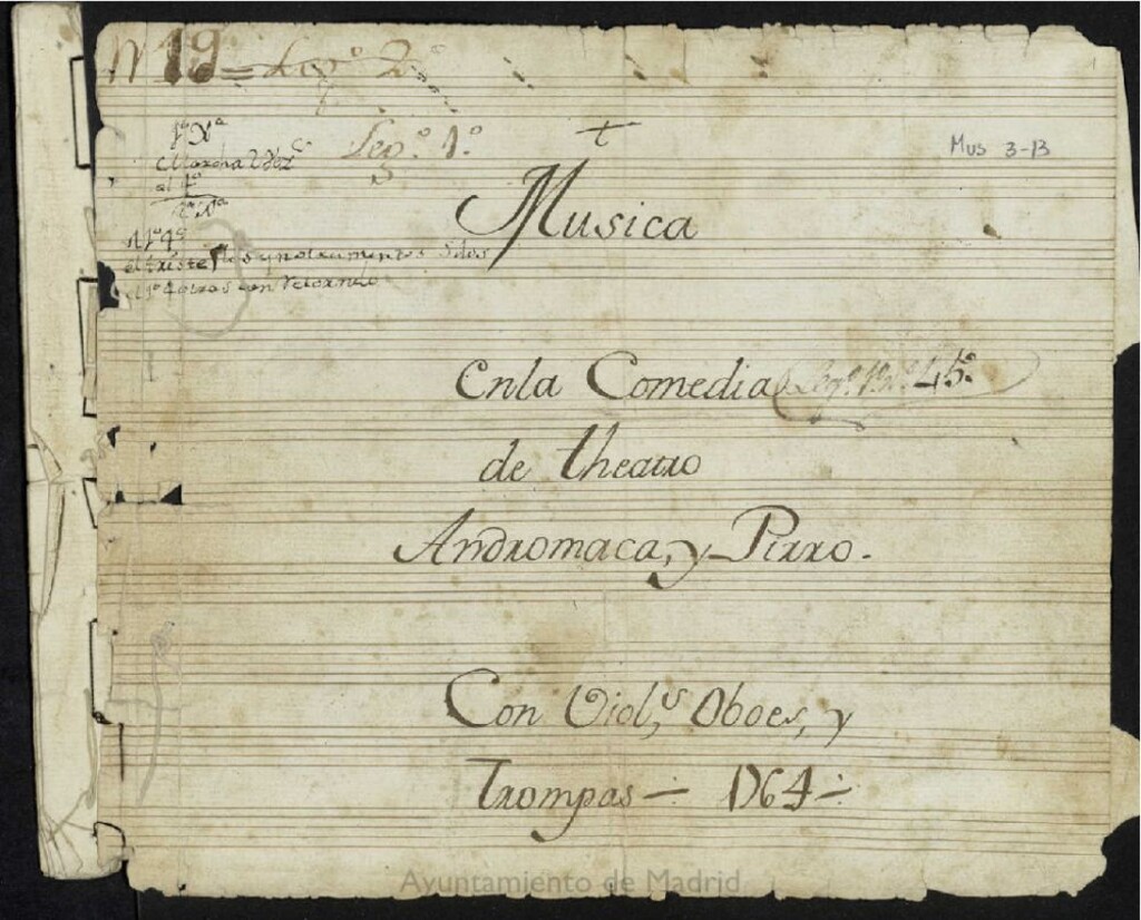 Miniatura de Musica en la comedia de theatro Andromaca y Pirro : con violines, oboes y trompas