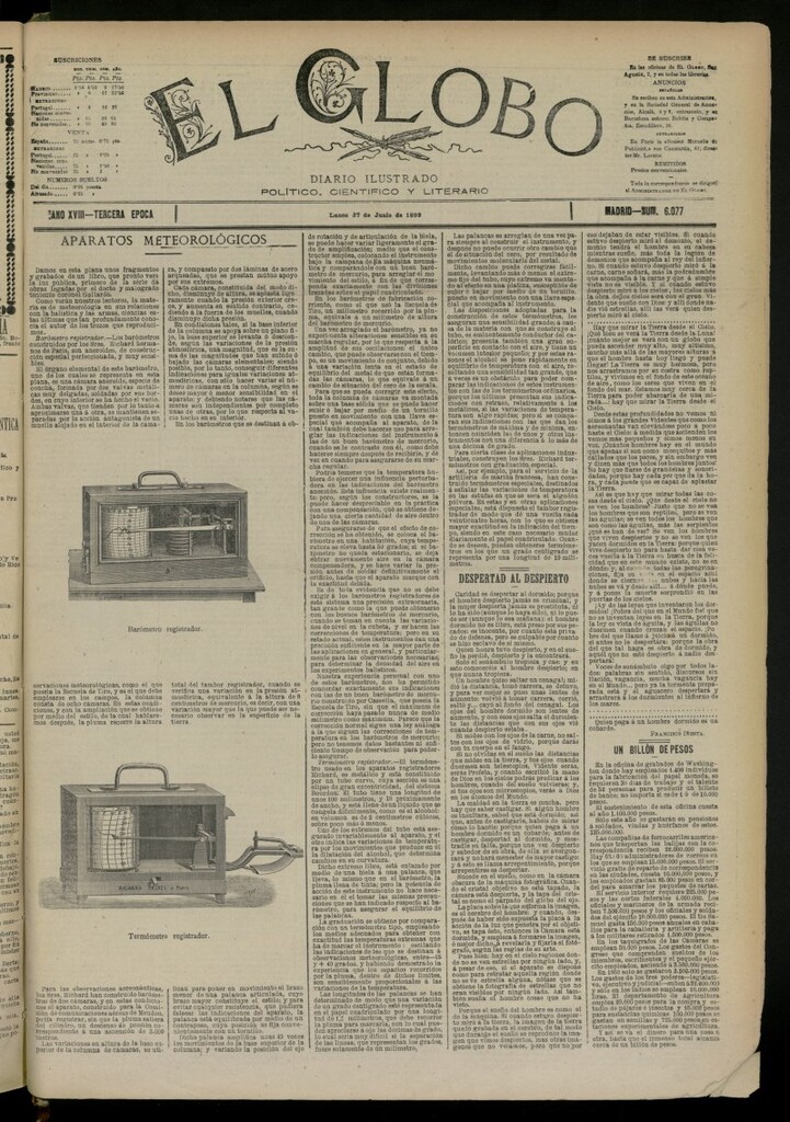 Miniatura de El Globo : diario ilustrado del 27 de junio de 1892, nº 6077