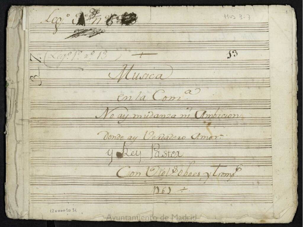 Miniatura de Musica en la comedia No ay mudanza ni ambicion donde ay verdadero amor y rey pastor : con violines, oboes y trompas