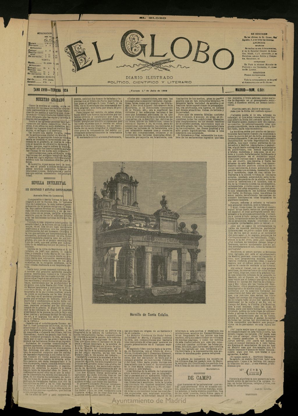 Miniatura de El Globo : diario ilustrado del 1 de julio de 1892, nº 6081