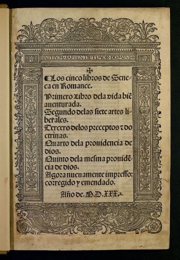 Miniatura de Los cinco libros de Seneca en Romance : Primero Libro de la vida bie[n]auenturada, Segundo de las siete artes liberales, Tercero de los preceptos e doctrinas, Quarto de la prouidencia de dios, Quinto de la mesma prouidencia de dios
