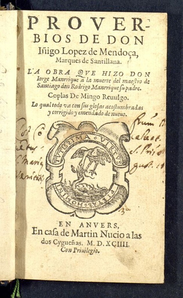 Miniatura de Prouerbios de Don Iñigo Lopez de Mendoça, Marques de Santillana. La obra que hizo Don Iorge Manrrique a la muerte del maestro de Santiago don Rodrigo Manrrique su padre. Coplas de Mingo Reuulgo