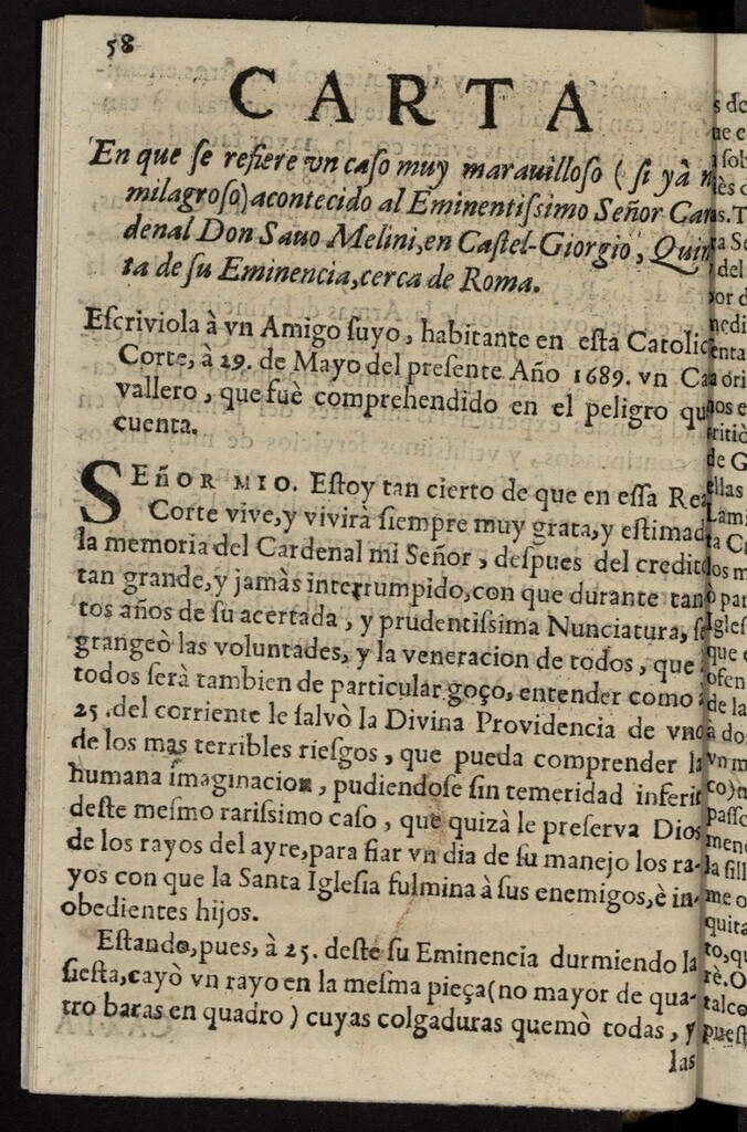 Miniatura de Carta en que se refiere un caso muy maravilloso... acontecido al Eminentísimo Señor Cardenal