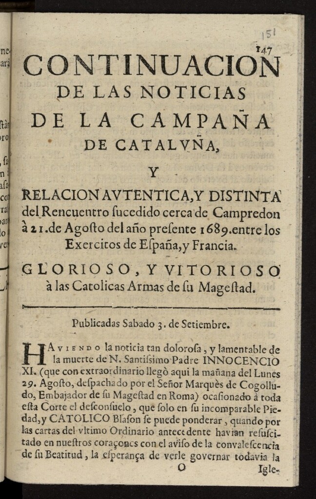 Miniatura de Continuación de las noticias de la campaña de Cataluña y relación auténtica, y distinta del rencuentro sucedido cerca de Campredon a 21 de agosto del año presente 1689, entre los exercitos de España, y Francia