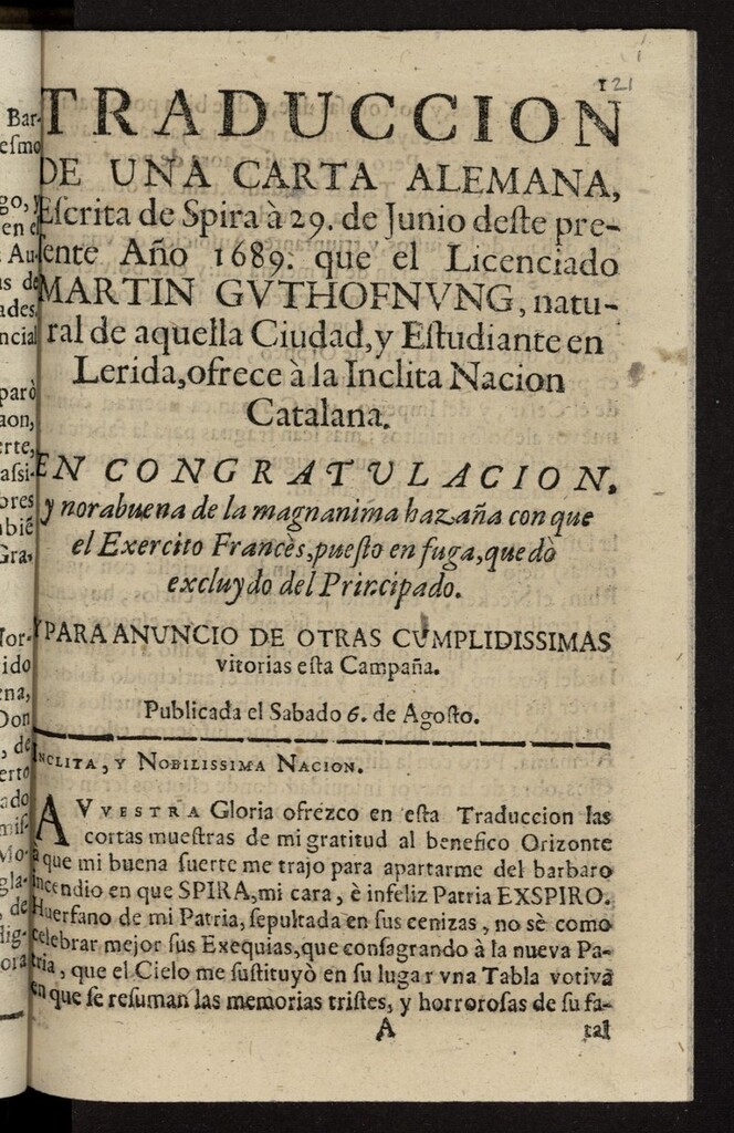 Miniatura de Traduccion de una carta alemana, Escrita de Spira à 29 de Junio deste... 1689. que el Licenciado Martin Gvthofnvng... ofrece à la Inclita Nacion Catalana...