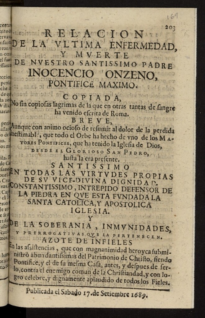 Miniatura de Relacion de la ultima enfermedad, y muerte de Nuestro Santissimo Padre Inocencio Onzeno... copiada,... de la que... ha venido escrita de Roma...