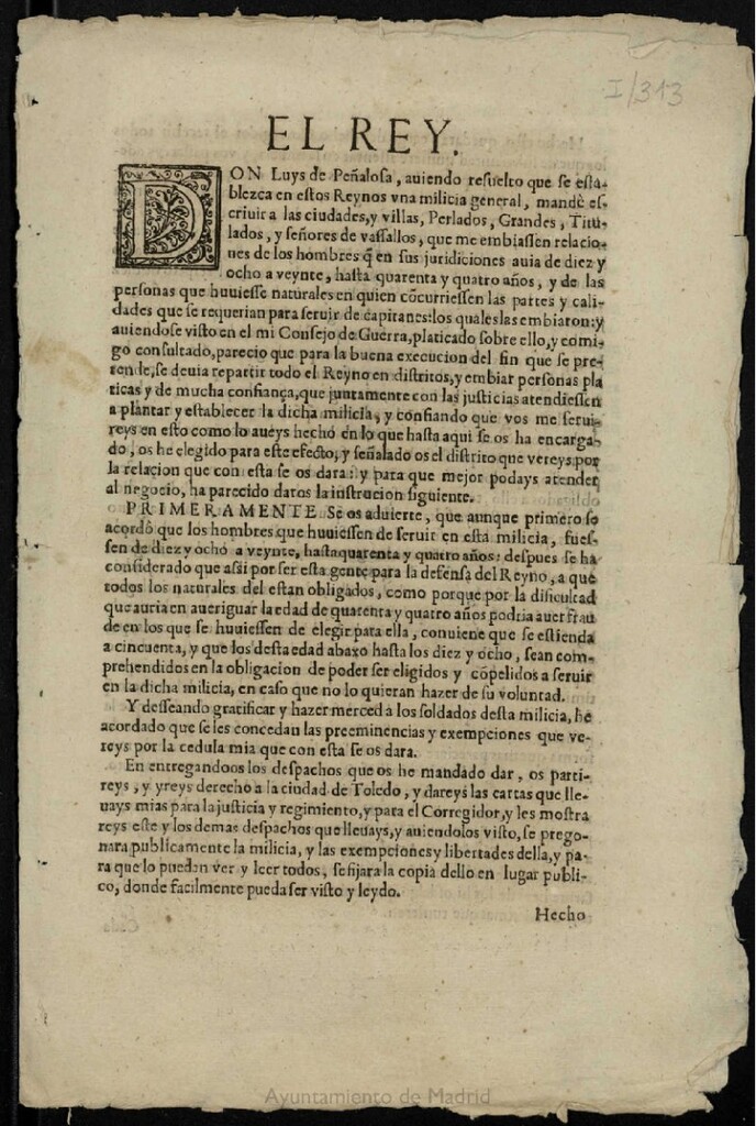 Miniatura de Real cédula para que don Luis de Peñalosa vaya a Toledo a hacer pregonar la milicia y a hacer repartimiento si no se hubiesen asentado los suficientes