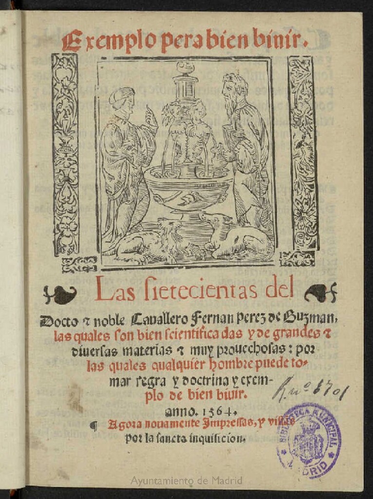 Miniatura de Exemplo pera bien biuir : Las sietecientas del Docto e noble Cauallero Fernan perez de Guzman