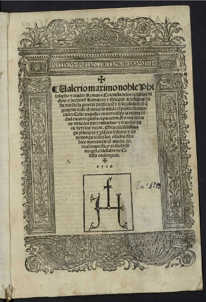 Miniatura de Valerio maximo noble Philosopho y orador Romano, Coronista de los notables dichos y hechos d[e] Romanos y Griegos acaescidos hasta ... q[ue] gouerno todo el vniverso mu[n]ndo el poderoso emperador Cesar augusto / [... traduxo el magnifico mossen Ugo d[e]