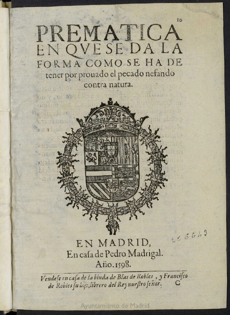 Miniatura de Prematica en que se da la forma como se ha de tener por prouado el pecado nefando contra natura