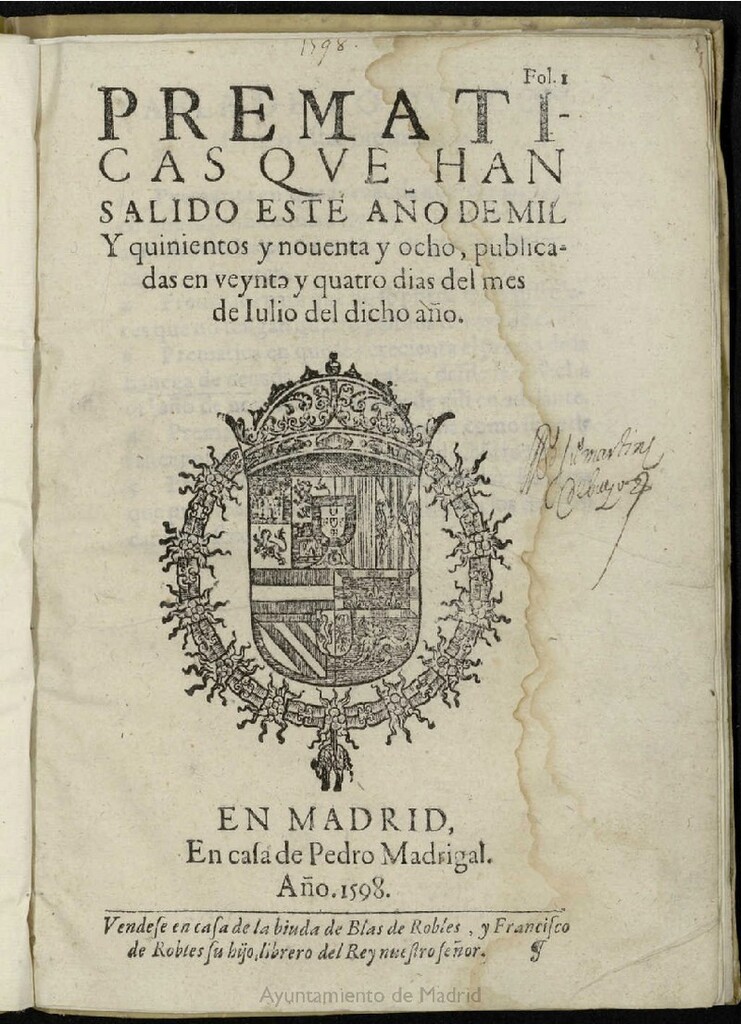 Miniatura de Prematicas que han salido este año de mil y quinientos y nouenta y ocho, publicadas en veynte y quatro dias del mes de Iulio del dicho año