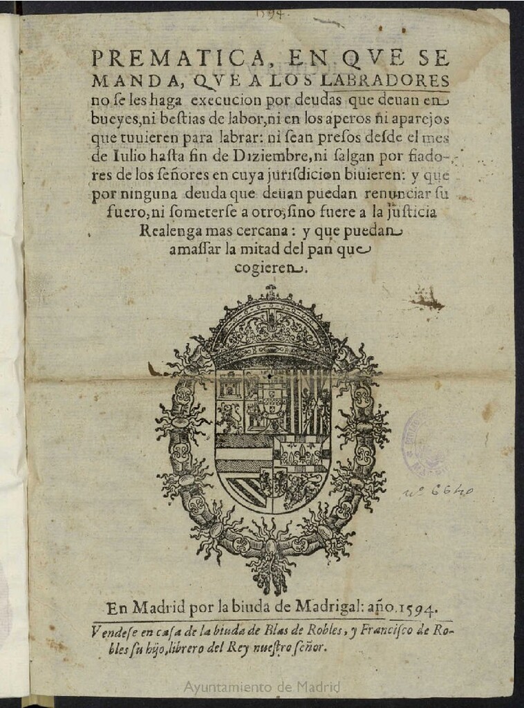 Miniatura de Prematica, en que se manda, que a los labradores no se les haga execucion por deudas que deuan en bueyes, ni bestias de labor
