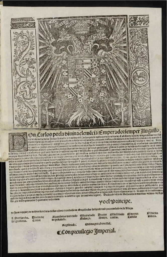 Miniatura de Don Carlos por la diuina cleme[n]cia Emperador ... Sepades que por los procuradores ... nos ha sido hecha relacion que a causa delos arrendamientos q[ue] se hacen d[e]l pa[n] ...