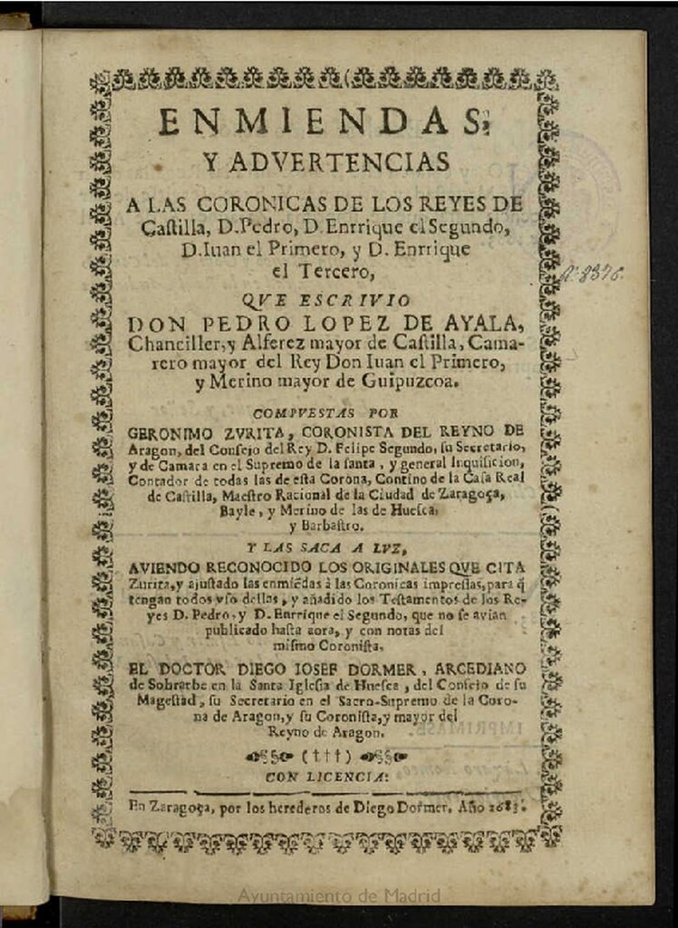 Miniatura de Enmiendas y advertencias a las coronicas de los Reyes de Castilla, D. Pedro, D. Enrique el Segundo, D. Iuan el Primero y D. Enrique el Tercero que escrivio Don Pedro Lopez de Ayala