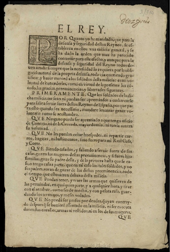 Miniatura de Real cédula concediendo gracias, preheminencias y libertades a los soldados de la Milicia