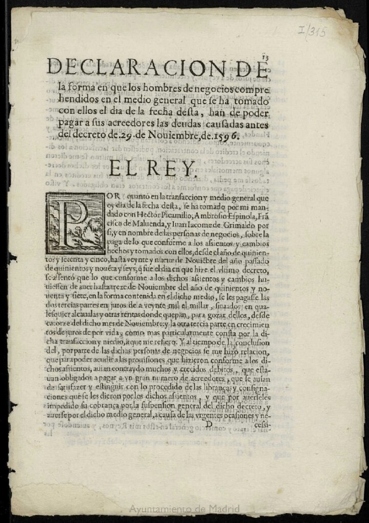 Miniatura de Declaración de la forma en que los hombres de negocios (...) han de poder pagar a sus acreedores las deudas causadas antes del decreto de 29 de Noviembre de 1596