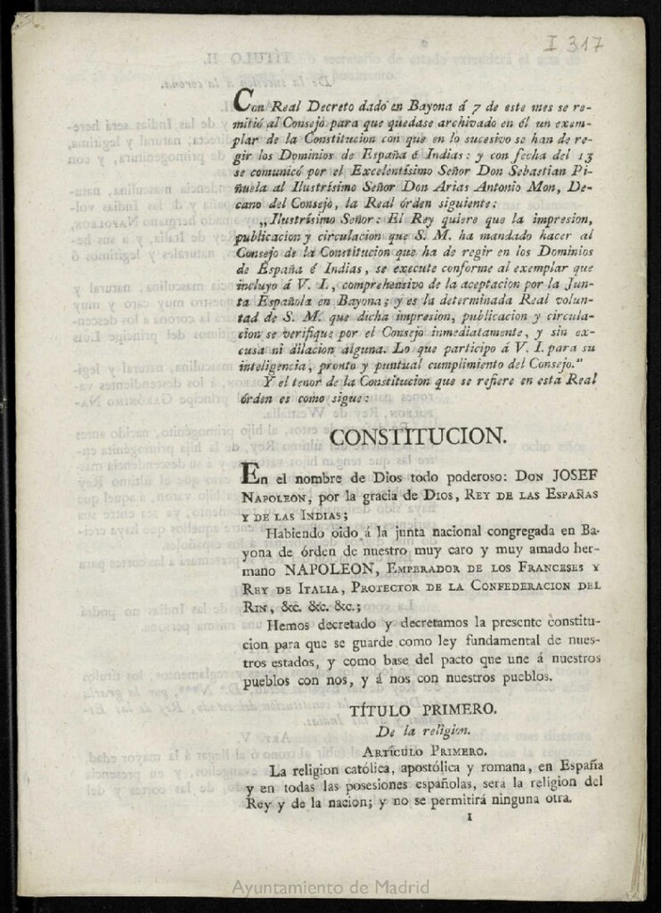 Miniatura de Con Real Decreto dado en Bayona á 7 de este mes se remitió al Consejo para que quedase archivado en él un exemplar de la Constitución con que en lo sucesivo se han de regir los Dominios de España é Indias...