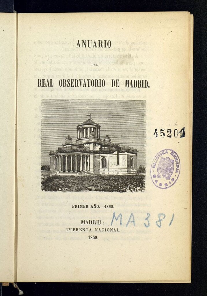 Miniatura de Anuario del Real Observatorio Astronómico de Madrid : primer año 1860