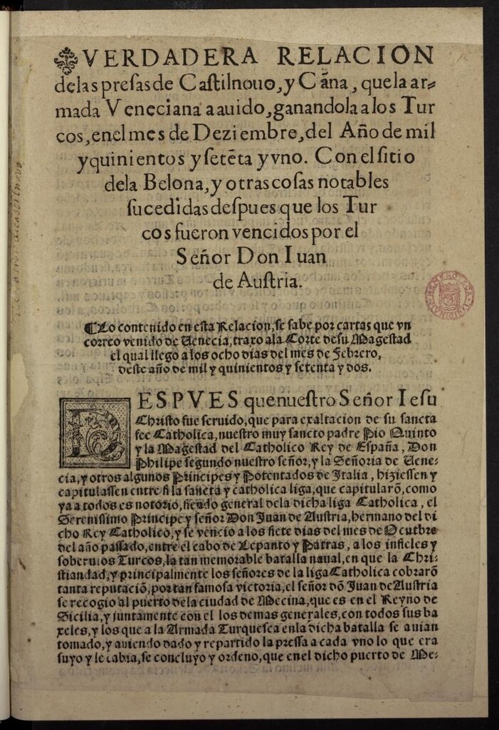 Miniatura de Verdadera Relacion de las Presas de Castilnovo, y Càna, que la armada Veneciana a avido, ganandola a los Turcos, en el mes de Deziembre, del Año de mil y quinientos y setèta y uno...
