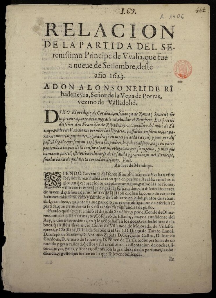 Miniatura de Relacion de la partida del serenissimo Principe de Vvalia, que fue a nueve de Setiembre, deste año de 1623