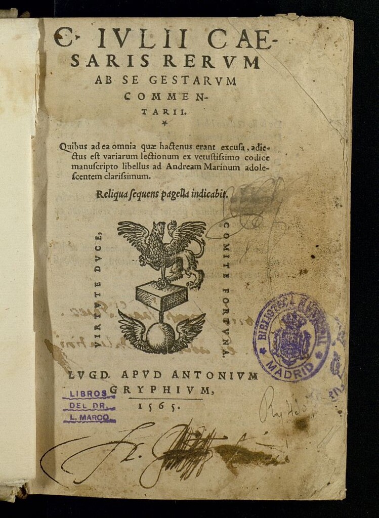 Miniatura de C. Iulii Cæsaris rerum ab se gestarum comentarii ; Quibus ad ea omnia ... adiectus est variarum lectionum ex vetustisimo codice manuscripto libellus ad Andream Marinum ... ; [Pictura totius Galliae, pontis in Rheno, Auarici ... per Io. Iucundum Veronensem, ex descriptione Caesaris]