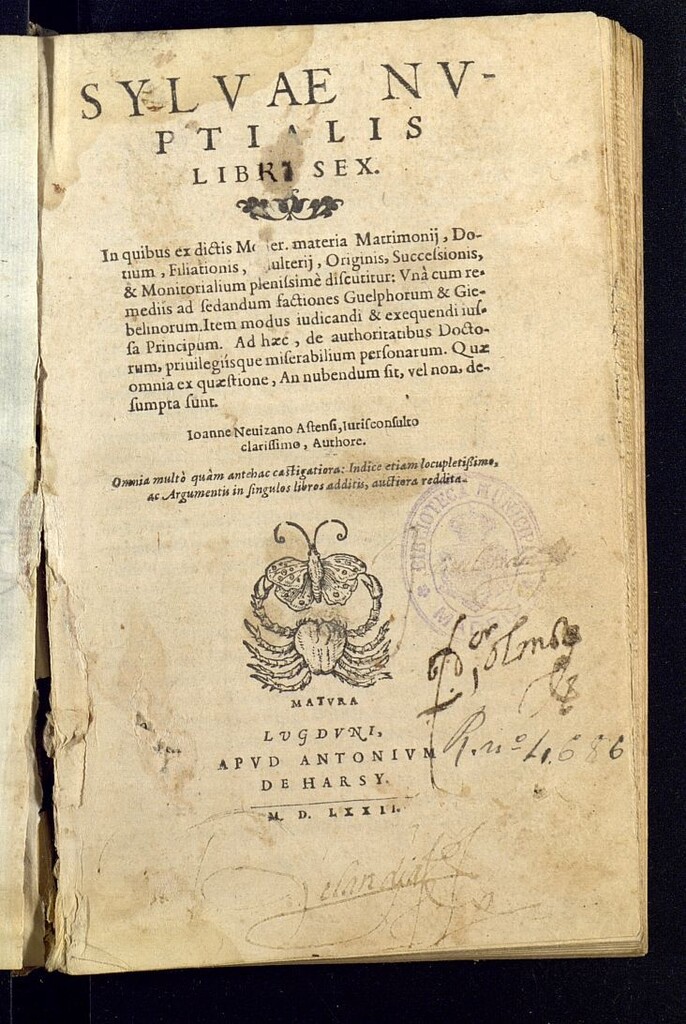 Miniatura de Syluæ nuptialis libri sex : in quibus ex dictis Moder. materia Matrimonij, Dotium, Filiationis, Adulterij, Originis ...