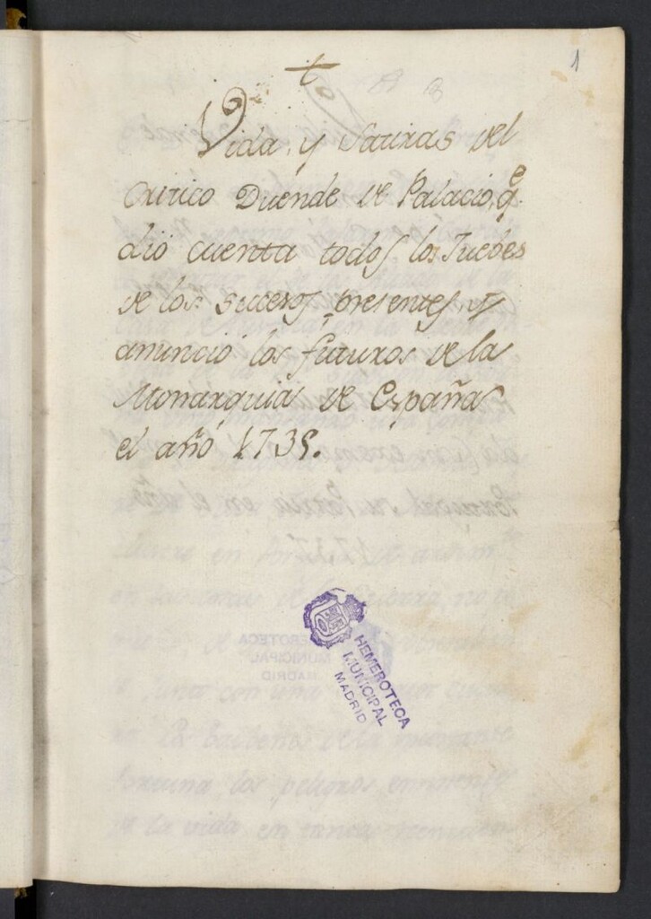 Miniatura de Vida y sátiras del Crítico Duende de Palacio, que dio cuenta todos los Juebes de los sucesos presentes, y anunció los futuros de la Monarquía de España el año 1735