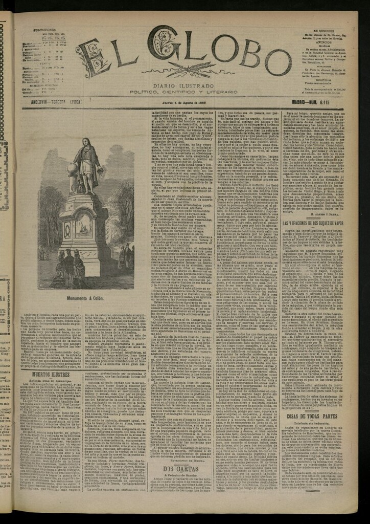 Miniatura de El Globo : diario ilustrado del 4 de agosto de 1892, nº 6115