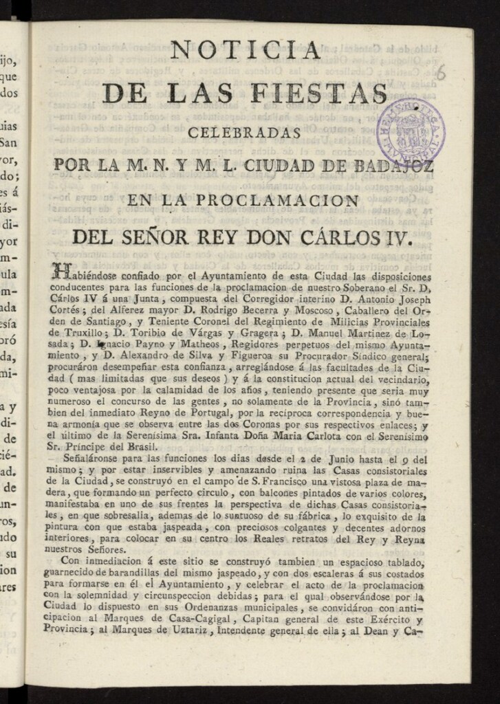 Miniatura de Noticia de las fiestas celebradas por la M.N. y M.L. Ciudad de Badajoz en la proclamacion del Señor Rey Don Carlos IV