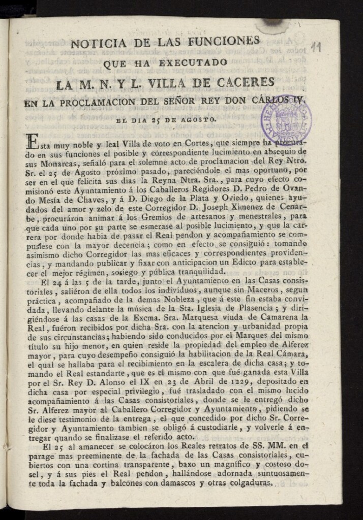 Miniatura de Noticia de las funciones que ha executado la M.N. y L. Villa de Caceres en la proclamacion del Señor Rey Don Carlos IV el dia 25 de Agosto