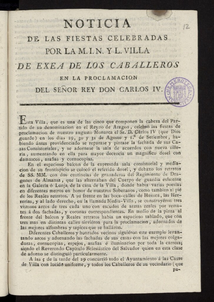 Miniatura de Noticia de las fiestas celebradas por la M.I.N. y L. Villa de Exea de los Caballeros en la proclamacion del señor Rey Don Carlos IV