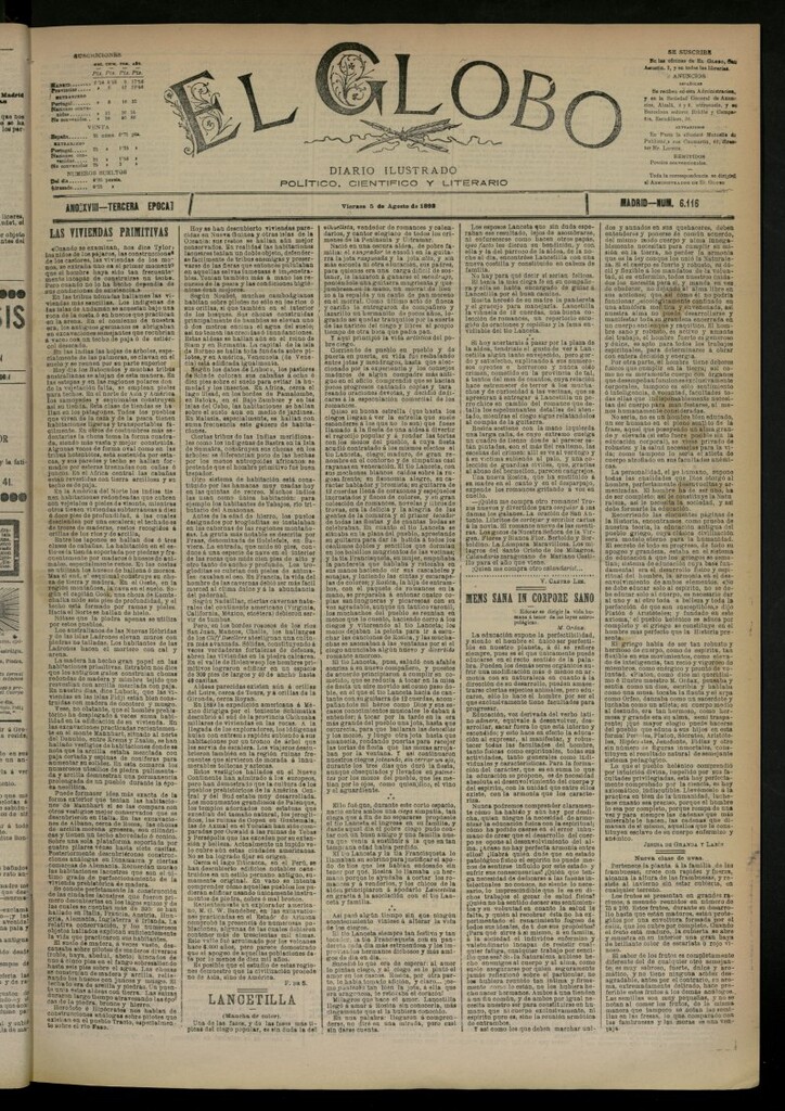 Miniatura de El Globo : diario ilustrado del 5 de agosto de 1892, nº 6116