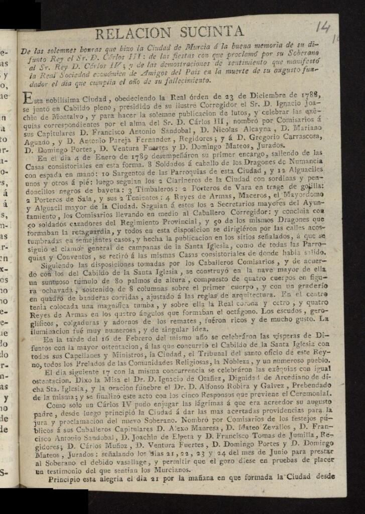 Miniatura de Relacion sucinta de las solemnes honras que hizo la Ciudad de Murcia á la... memoria de su difunto Rey... Carlos III; de las fiestas con que proclamó... al... Rey... Carlos IV; y de las demostraciones... que manifestó la Real Sociedad Económica de Amigos del Pais