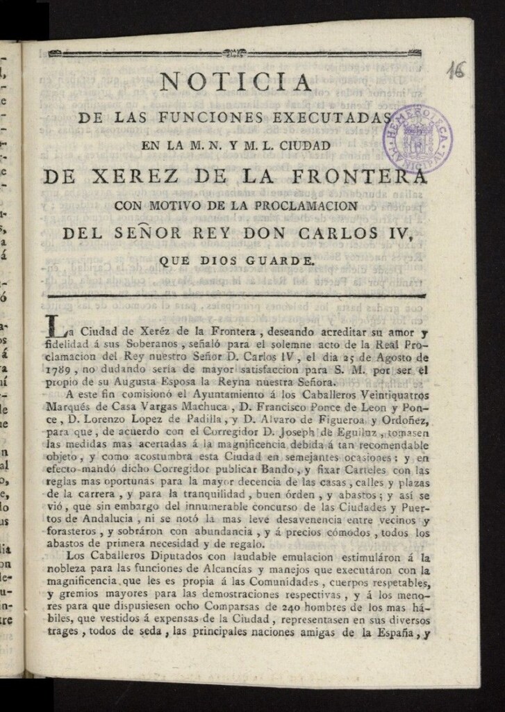Miniatura de Noticia de las funciones executadas en la M.N. y M.L. Ciudad de Xerez de la Frontera con motivo de la proclamacion del señor rey Don Carlos IV que Dios guarde