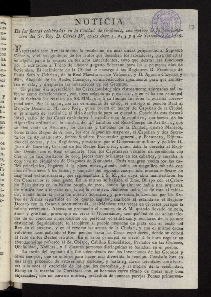 Miniatura de Noticia de las fiestas celebradas en la ciudad de Orihuela, con motivo de la proclamacion del Sr. Rey D. Carlos IV, en los dias 1, 2, 3 y 4 de Setiembre de 1789