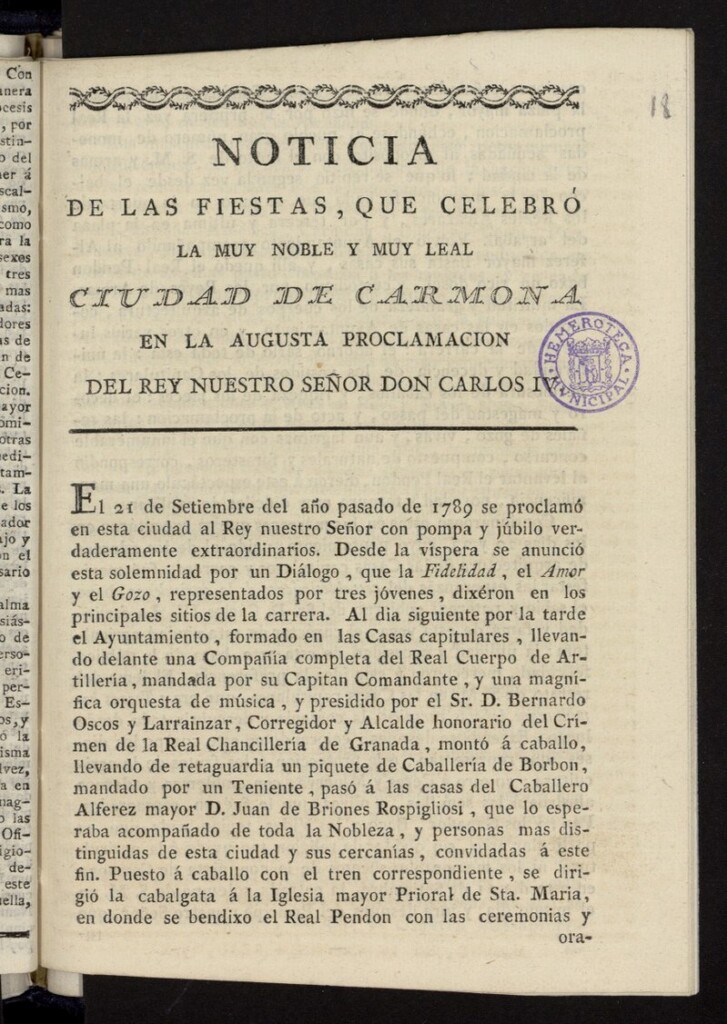 Miniatura de Noticia de las fiestas, que celebró la muy noble y muy leal Ciudad de Carmona en la augusta proclamacion del Rey nuestro Señor Don Carlos IV