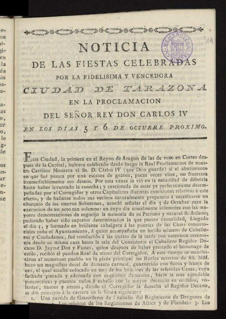 Miniatura de Noticia de las fiestas celebradas por la fidelisima y vencedora Ciudad de Tarazona en la proclamacion del Señor Rey Don Carlos IV en los dias 5 y 6 de Octobre proximo