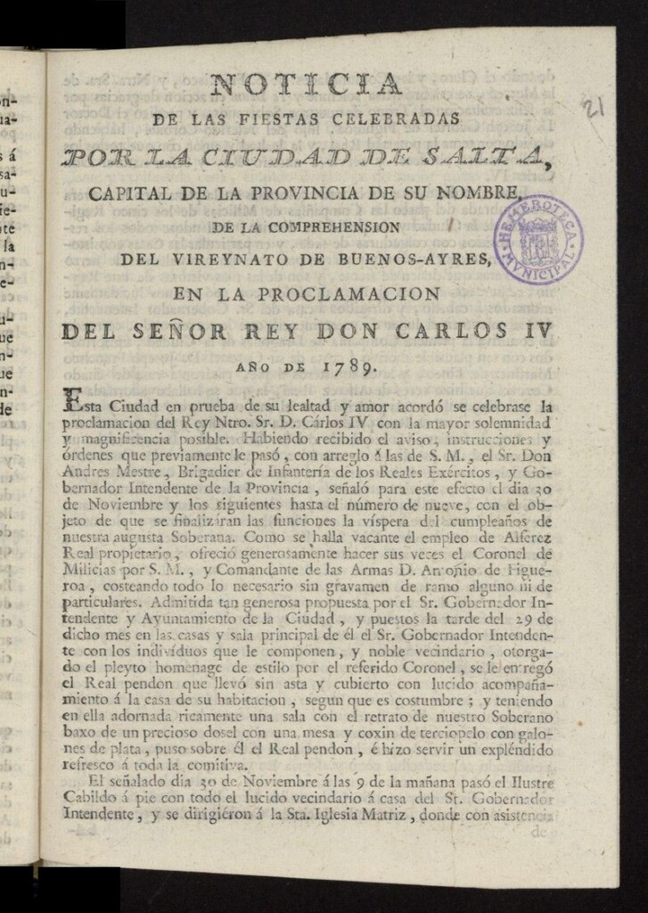 Miniatura de Noticia de las fiestas celebradas por la Ciudad de Salta, capital de la provincia de su nombre, de la comprehension del vireynato de Buenos-Aires, en la proclamacion del Señor Rey Don Carlos IV año de 1789