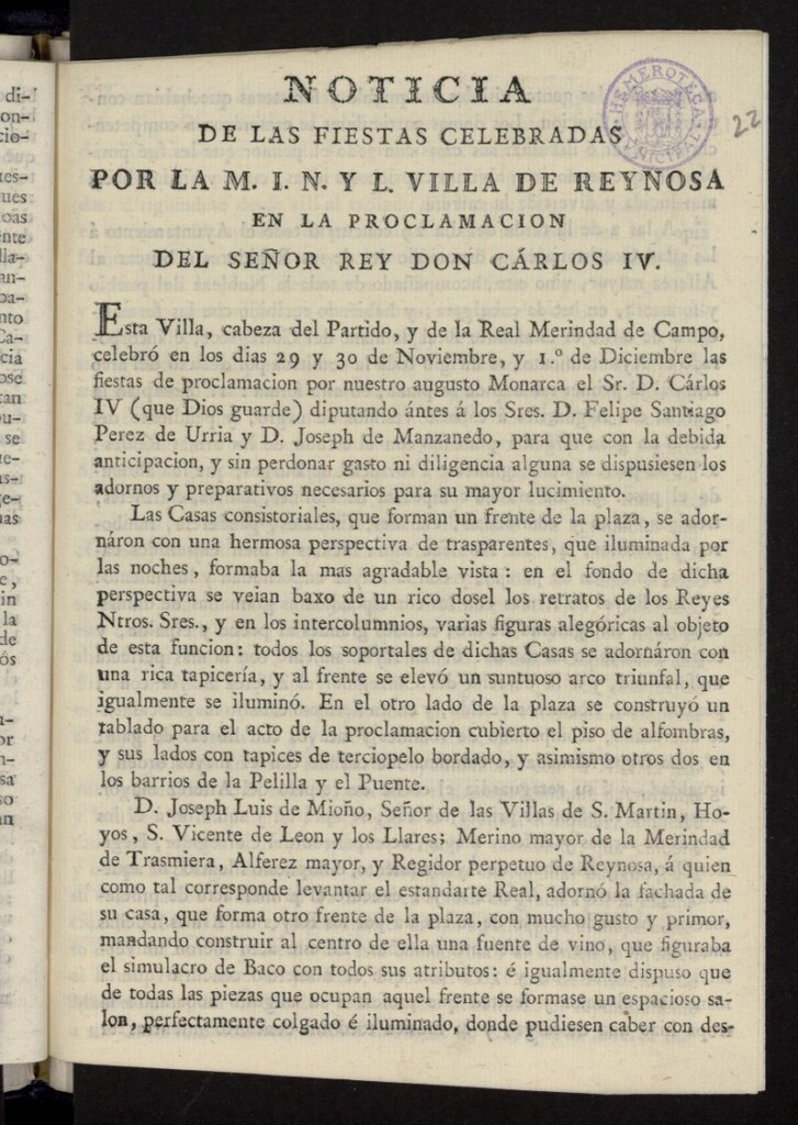 Miniatura de Noticia de las fiestas celebradas por la M.I.N. y L. Villa de Reynosa en la proclamacion del Señor Rey Don Carlos IV