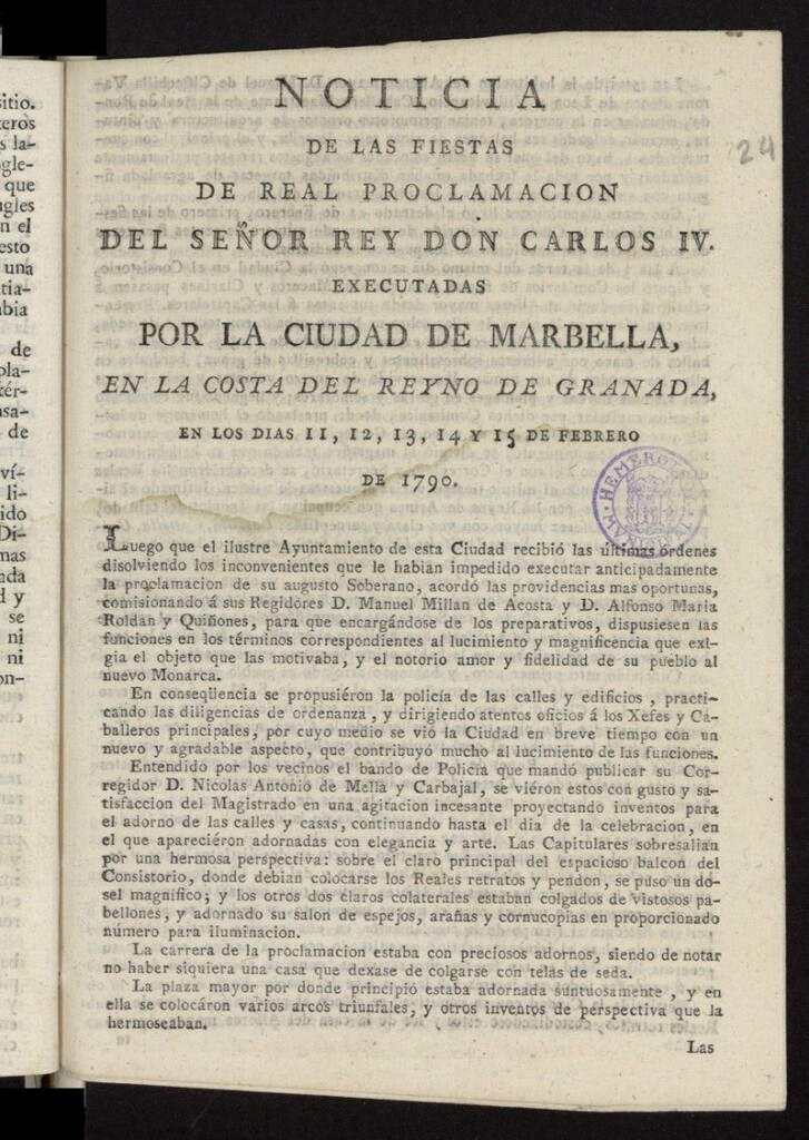Miniatura de Noticia de las fiestas de Real proclamacion del Señor rey Don Carlos IV. executadas por la Ciudad de Marbella, en la costa del Reyno de Granada, en los dias 11, 12, 13, 14 y 15 de Febrero de 1790