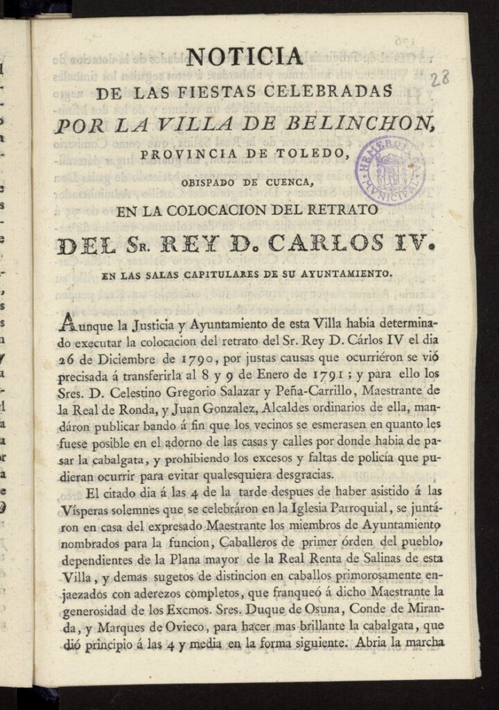 Miniatura de Noticia de las fiestas celebradas por la Villa de Belinchon, provincia de Toledo, obispado de Cuenca, en la colocacion del retrato del Sr. Rey D. Carlos IV. en las Salas capitulares de su Ayuntamiento
