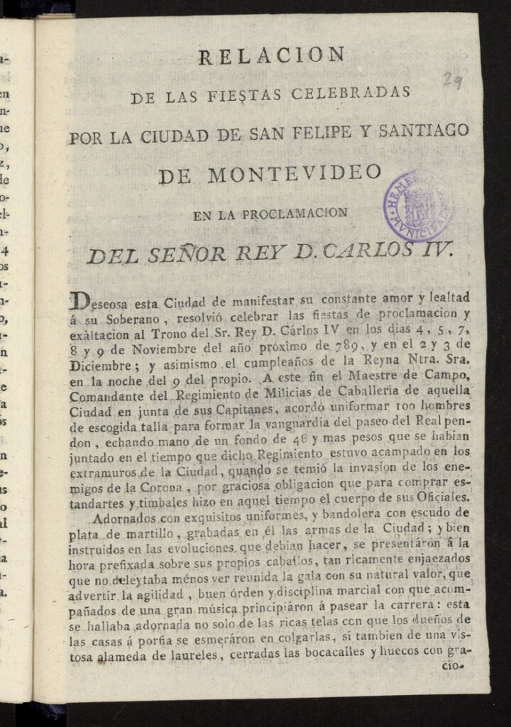 Miniatura de Relacion de las fiestas celebradas por la Ciudad de San Felipe y Santiago de Montevideo en la proclamacion del Señor Rey D. Carlos IV