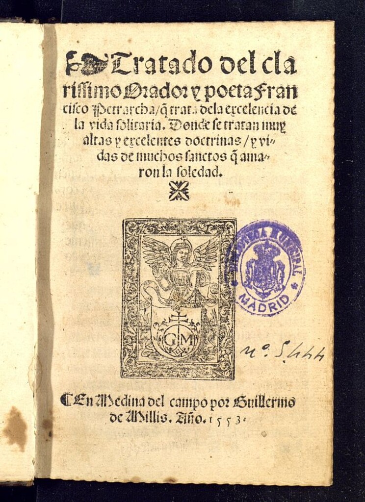 Miniatura de Tratado del clarissimo Orador y poeta Francisco Petrarcha, q[ue] trata de la excelencia de la vida solitaria