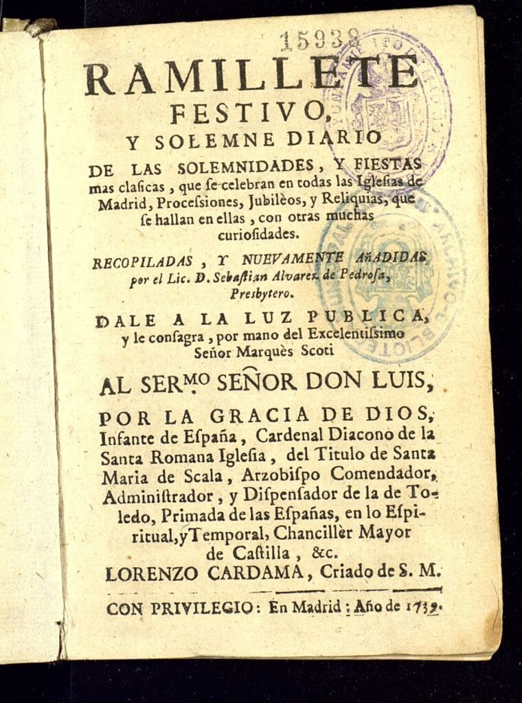 Miniatura de Ramillete festivo y solemne diario de las solemnidades y fiestas mas clasicas que se celebran en todas las iglesias de Madrid, procesiones, jubileos y reliquias que se hallan en ellas, con otras muchas curiosidades