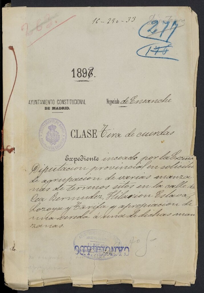 Miniatura de Expediente incoado por la Diputación provincial en solicitud de agrupación de varias manzanas de terrenos sitos en la calle Cea Bermúdez, Hilarión Eslava, Lozoya y Tarifa y apropiación de vereda, para la construcción de Hospital para epidemias, conocido como Hospital para epidemias del Cerro del Pimiento. Contiene el proyecto de construcción del mismo.