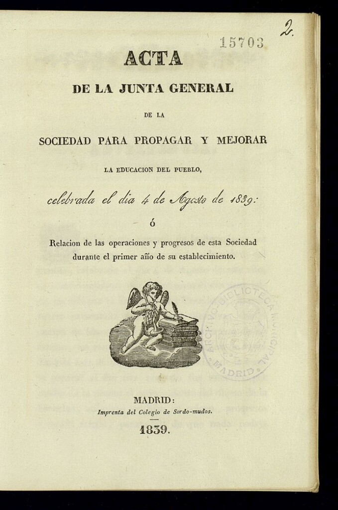 Miniatura de Acta de la Junta General de la sociedad para propagar y mejorar la educación del pueblo celebrada el día 4 de agosto de 1839 ó Relacion de las operaciones y progresos de esta Sociedad durante el primer año de su establecimiento